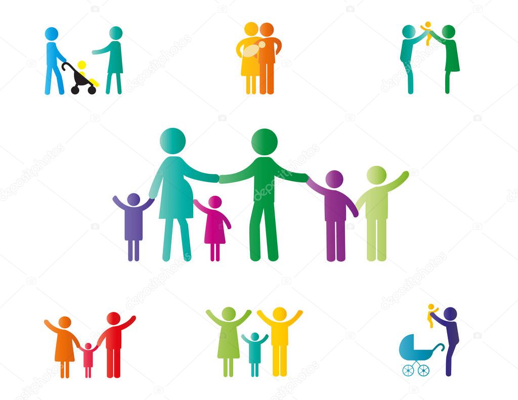 Family pictogram with parents and kids or couples.