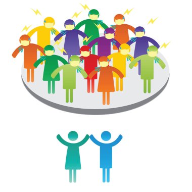 Koronovirüs salgını sırasında hasta ve sağlıklı insanların davranışlarını gösteren renkli bir resim.