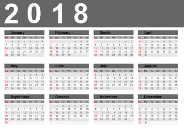 vektör çizim tasarım takvim 2018 yıl basit tarzı. Pazar hafta başlıyor