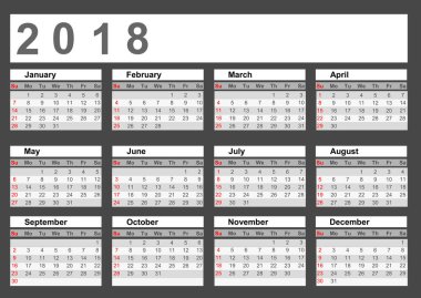 vektör çizim tasarım takvim 2018 yıl basit tarzı. Pazar hafta başlıyor