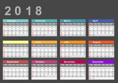 vektör çizim tasarım takvim 2018 yıl basit tarzı. Pazar hafta başlıyor