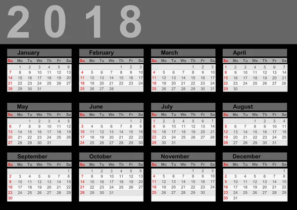 Vector Illustration Design Calendar 2018 Year Simple Style Week Starts — Stock Vector