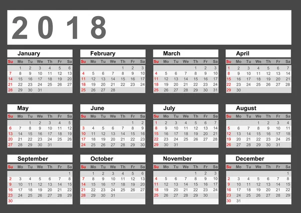 Desenho Ilustração Vetorial Calendário 2018 Ano Estilo Simples Semana Começa —  Vetores de Stock