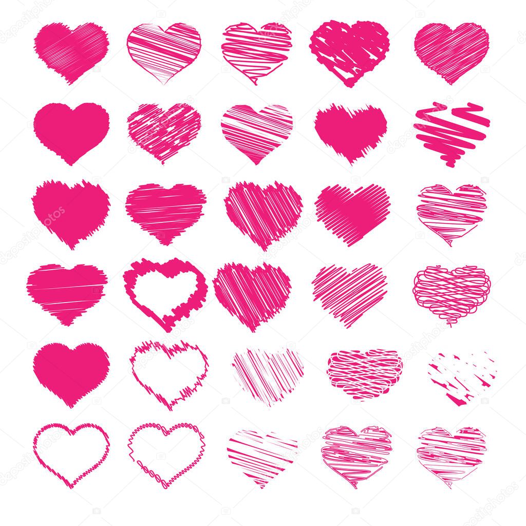 Set of sketch heart icons, vector illustration