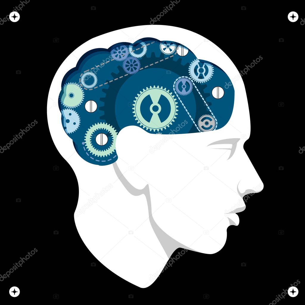 Head with gears mechanism, vector,  brain storming concept