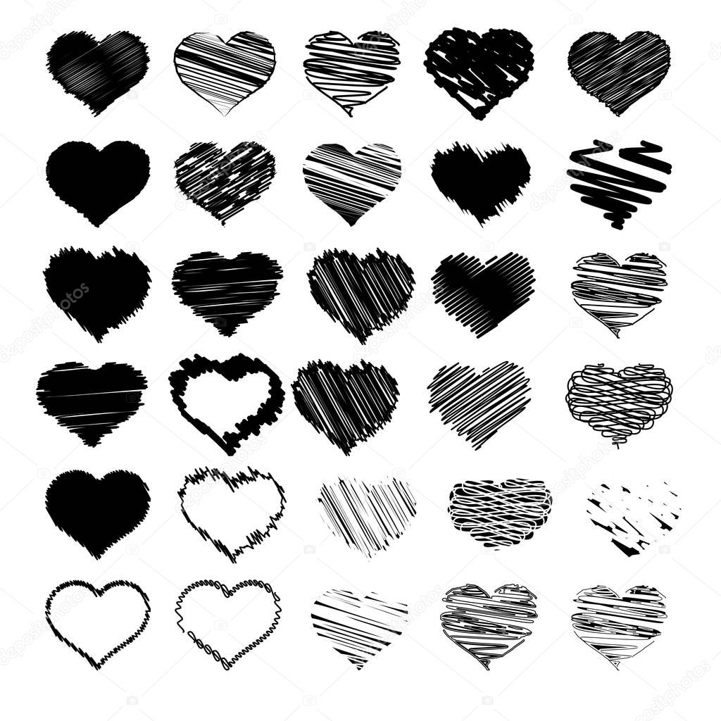 Set of sketch heart icons, vector illustration