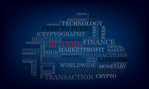 Word tag cloud bitcoin krypto waluty, wektor — Wektor stockowy
