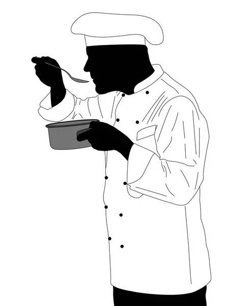 Keuken chef-kok proeven saus illustratie — Stockvector