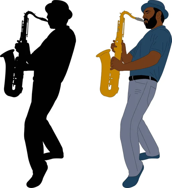 Músico toca saxofón ilustración y silueta — Vector de stock