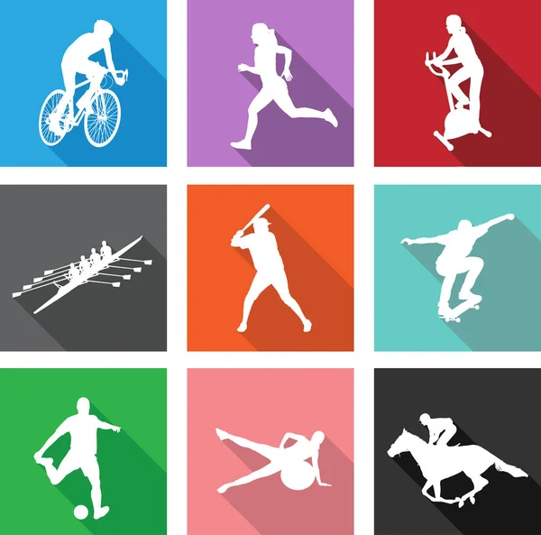 Silhouettes sportives sur icônes plates pour applications web ou mobiles — Image vectorielle