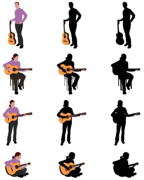 Woman playing acoustic guitar silhouette and illustration — Stock Vector