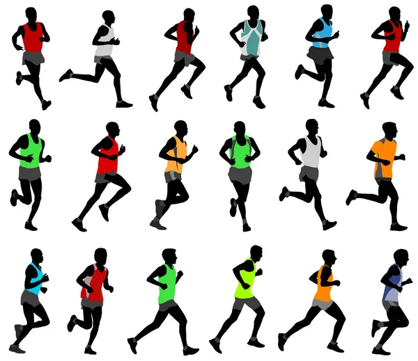 Coureurs en silhouettes de vêtements de sport colorés — Image vectorielle