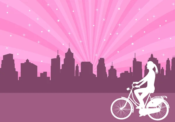 抽象的な街背景に女の子乗って自転車 — ストックベクタ
