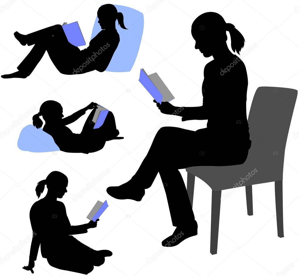 woman reading book silhouettes