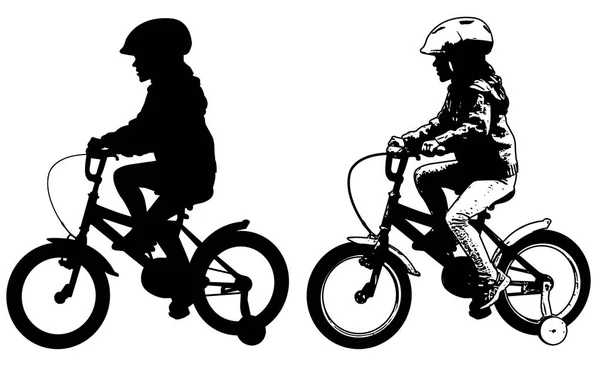 Kleines Mädchen reitet Fahrrad Silhouette und Skizze Illustration — Stockvektor