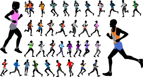 Coureurs dans la collection silhouettes de vêtements de sport de couleur — Image vectorielle