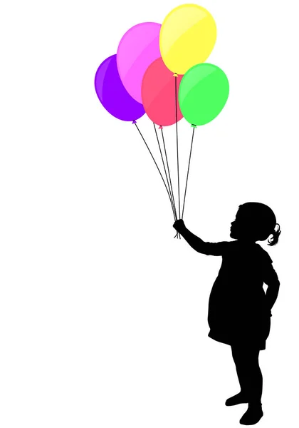 Κοριτσάκι που κρατάει σιλουέτα πολύχρωμα μπαλόνια — Διανυσματικό Αρχείο