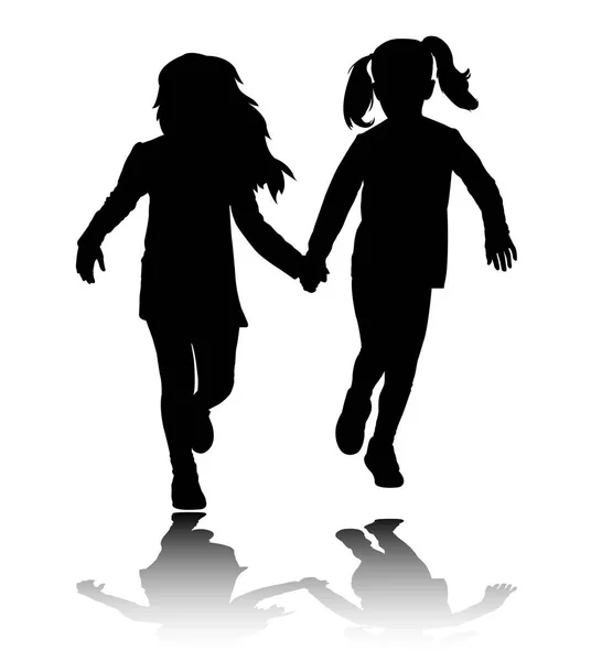 Two preschooler girls holding hands and running silhouettes — Stock Vector