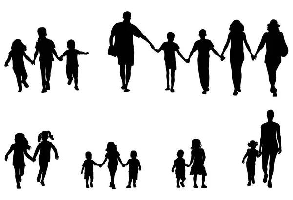 Οικογένεια και τα παιδιά που είναι κρατώντας τα χέρια σιλουέτες συλλογή — Διανυσματικό Αρχείο