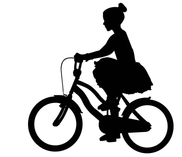 Niña Vestido Montar Bicicleta Silueta Vector — Vector de stock