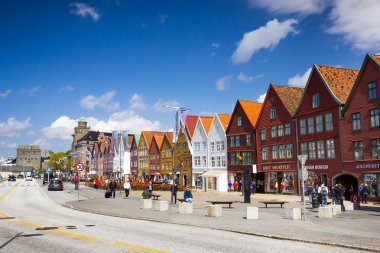 Bergen, Norveç'te Bryggen tarihi buidings güzel görünümü