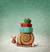 Weihnachtskarte mit Schnecke und Geschenken
