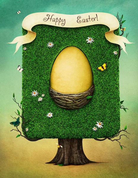 Fantasy spring illustration for Easter holiday greeting card or poster with Easter Egg in nest