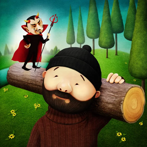 Fantasy illustration of poor lumberjack and service devil.