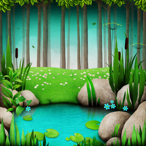 Texture fantasy illustration background with a beautiful forest lake.