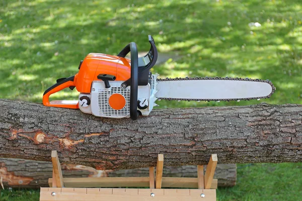 Ahşap günlüğüne Chainsaw — Stok fotoğraf