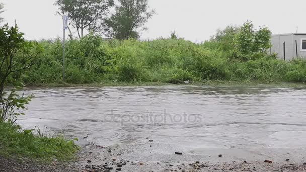 Conducción Coche Rojo Través Del Agua Calle Inundada — Vídeo de stock