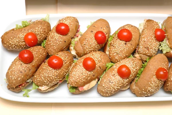 Sandwiches Buns Cherry Tomatoes Tray — Stock Photo, Image