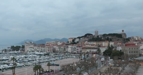 Cannes Frankrijk Januari 2018 Luchtfoto Stadsgezicht Winter Avond Cannes Frankrijk — Stockvideo