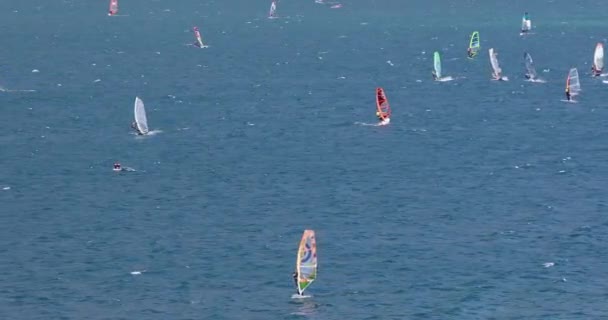 イタリアのガルダ湖でウィンドサーフィンウォータースポーツをサーフィン — ストック動画