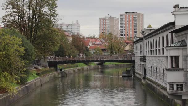 Ljubljana Slovenië November 2019 Voetgangersbrug Ljubljanica Rivierhoofdstad Autum Ljubljana Slovenië — Stockvideo