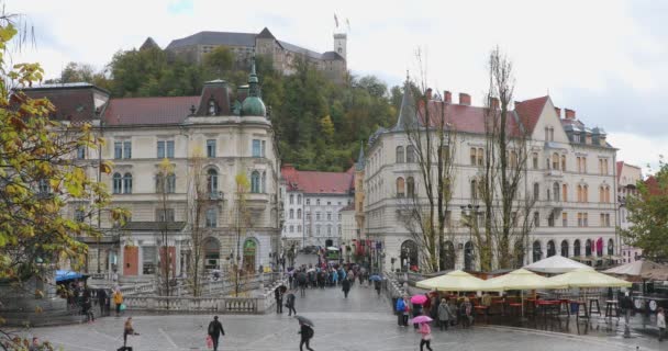 Ljubljana Slovenia November 2019 Top Hill Castle Triple Bridge Capital — Αρχείο Βίντεο