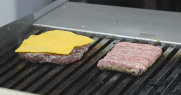 Cheeseburger Και Κιμά Patty Στο Grill — Αρχείο Βίντεο