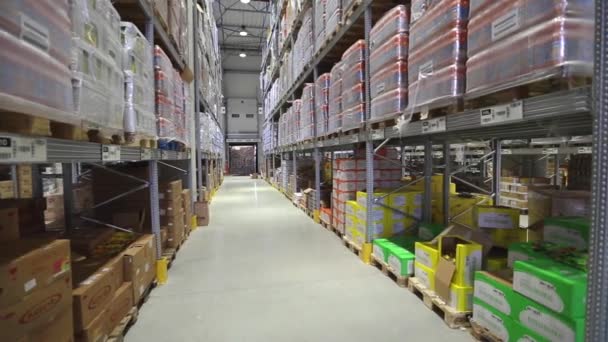 Rijden Door Voedsel Distributie Magazijn Planken — Stockvideo