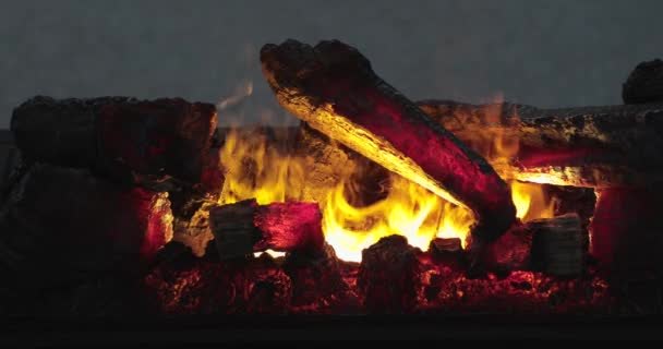 Chimenea Con Efectos Fuego Troncos Madera Cerámica — Vídeo de stock