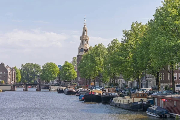 Houseboats Moored Canal Amsterdam Netherlands — Stock fotografie