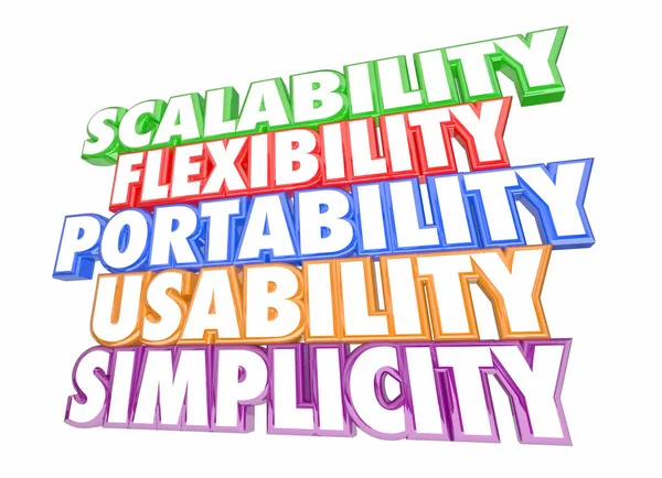 Escalabilidade Usabilidade Flexibilidade Simplicidade — Fotografia de Stock