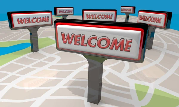 Welcome Signs Mapa Tiendas Ubicaciones Ilustración —  Fotos de Stock