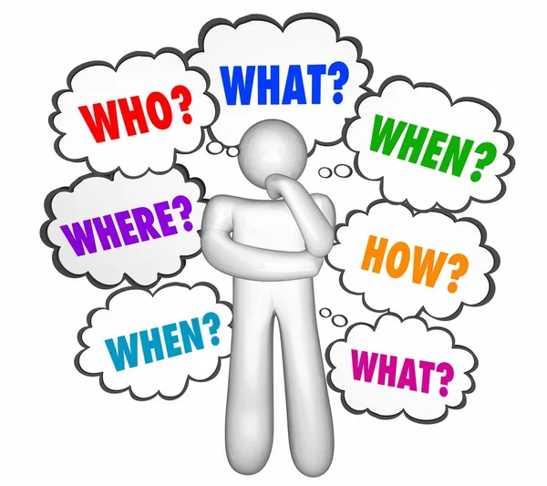 Who what where when why how questions thinker 3d illustration stock