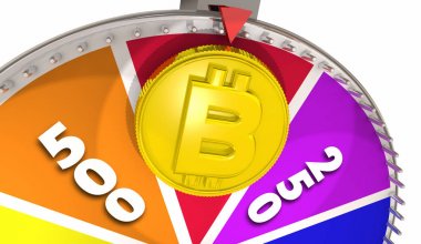 Oyunu göstermek tekerlek Bitcoin, 3d resim, Cryptocurrency ödeme sistemi kavramı ile 