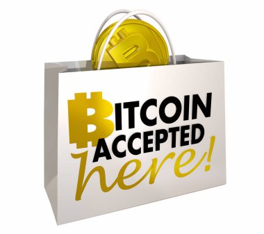 metin Bitcoin burada kabul, 3d çizim ile alışveriş çantası içinde altın bitcoin