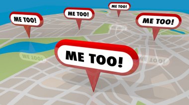 Pins with text Me Too on Map, 3d Illustration, sexual harassment survivor victim stories concept clipart