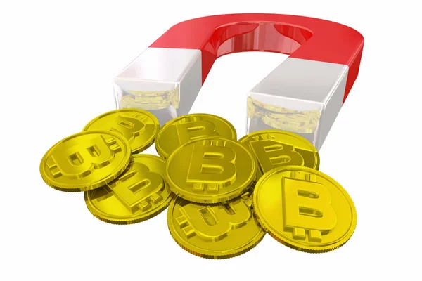 Magnet Golden Bitcoin Coins Illustration Make Money — Stock Photo, Image