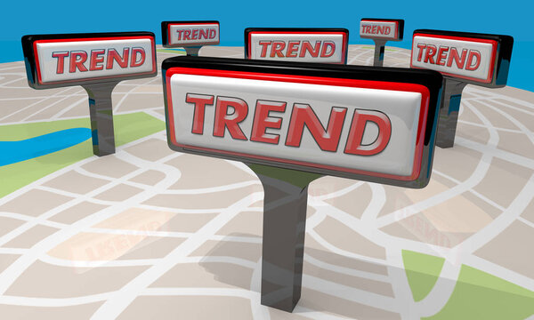 Signs with worlds Trend on Map, 3d Illustration, Stores concept 