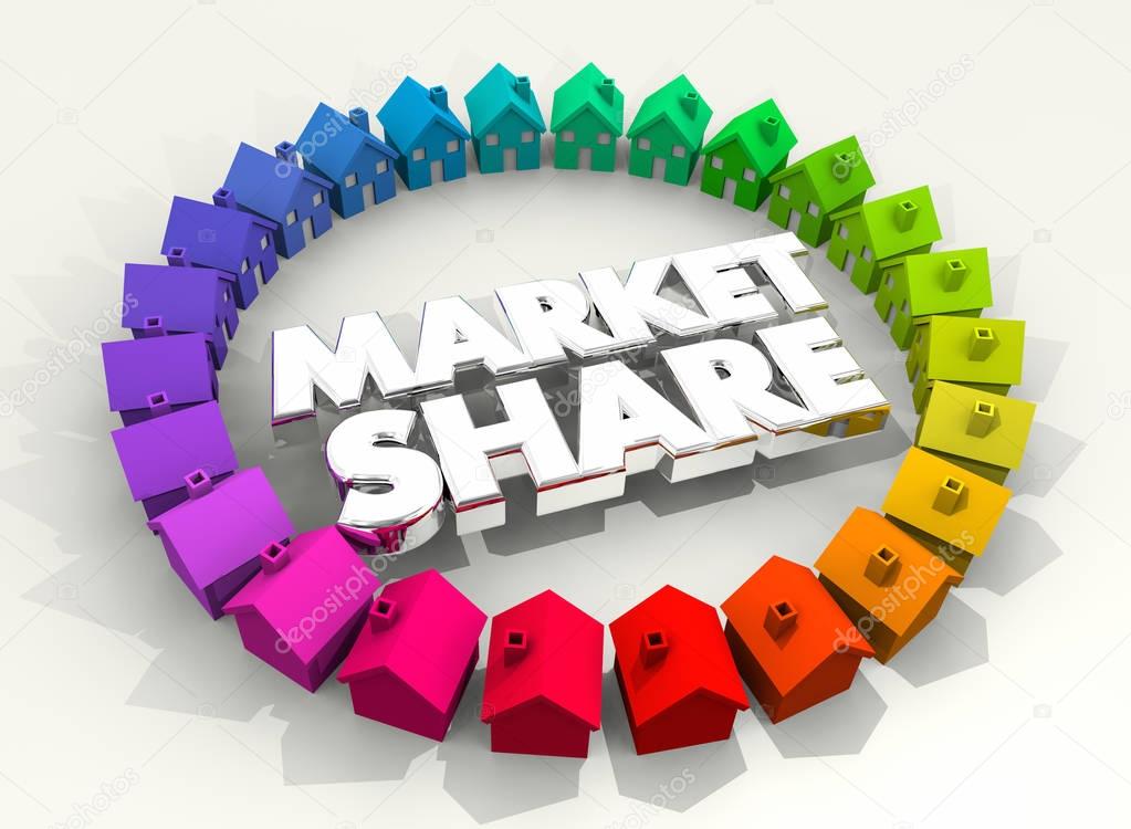 circle of colorful houses with text market share, 3d Illustration