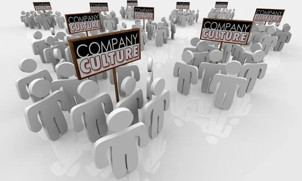 Groups Cartoon Employees Holding Signboards Text Company Culture Illustration — Stock Photo, Image